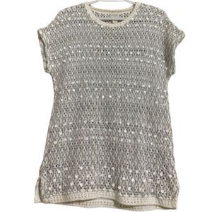 Chico’s WOMEN’s WHITE & METALLIC SILVER SEQUINED CROCHET SHORT SLEEVE TOP Sz- M